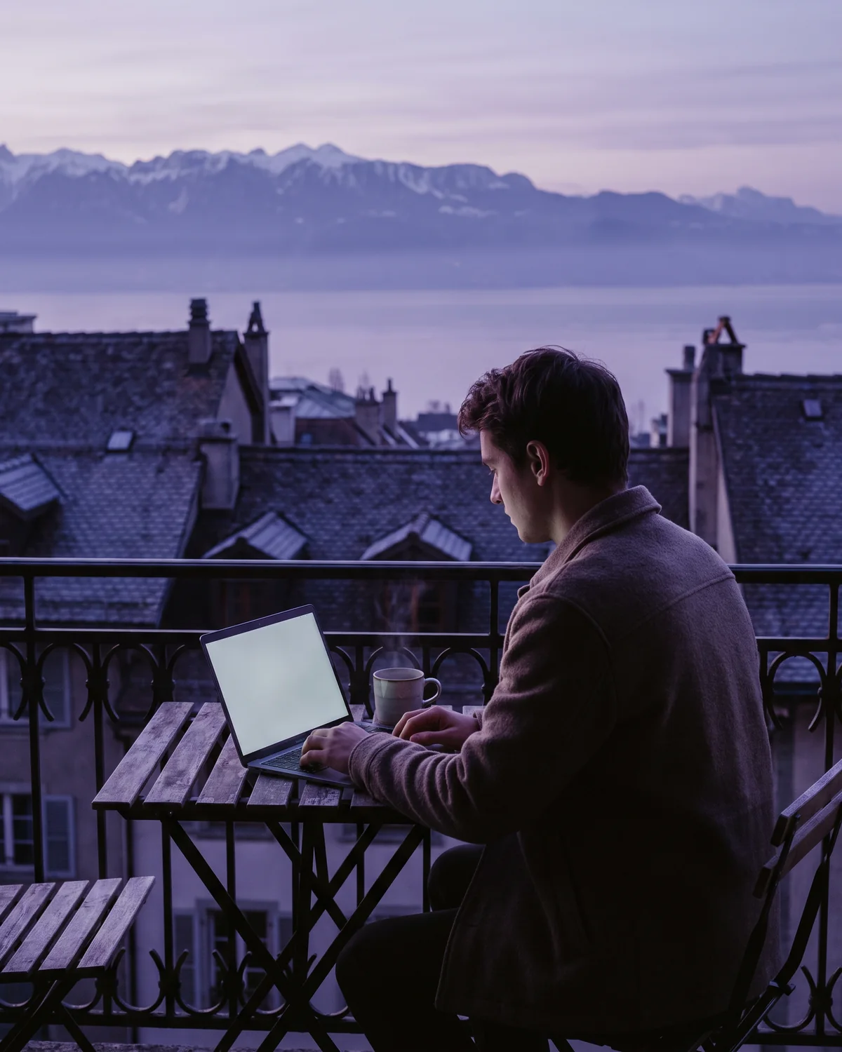 Genève au matin, une personne de dos face au lac — le chemin de l'emploi