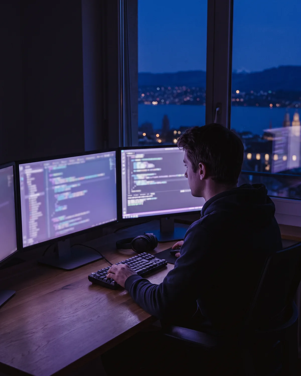 Un bureau de nuit face aux Alpes, un écran de code — le chemin des missions